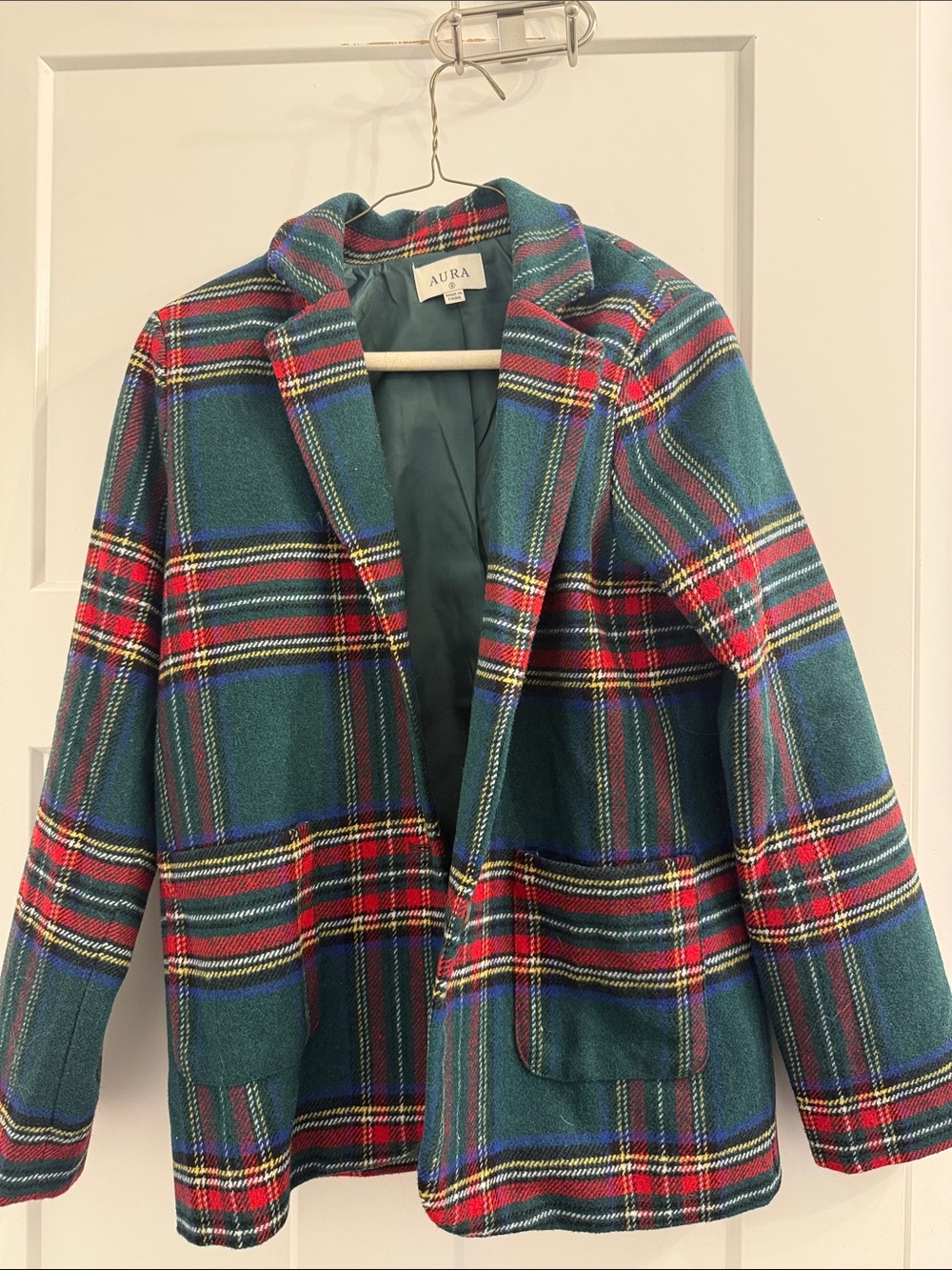 Aura Green Plaid Blazer with Red and Blue Tartan Accents